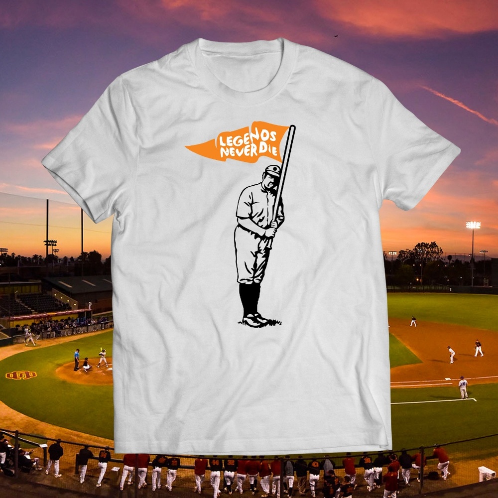 Legends Never Die White Baseball Tee